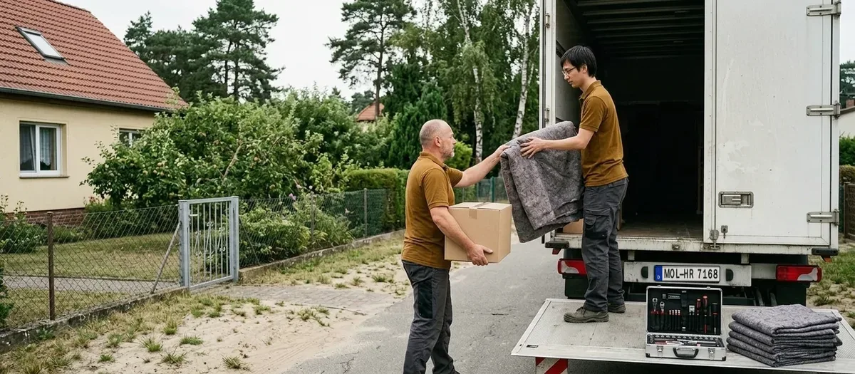 Zwei Umzugskräfte verladen ein gepolstertes Möbelteil und einen Umzugskarton über die Ladebordwand eines Möbelwagens, daneben liegen ein Werkzeugkoffer und Möbeldecken bereit
