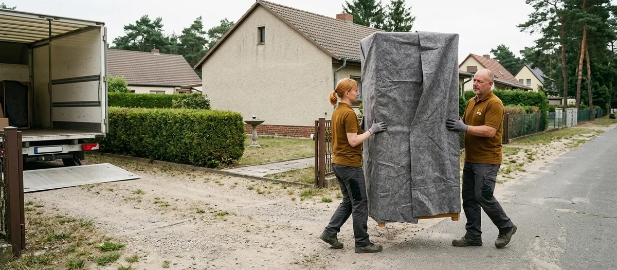 Zwei Umzugskräfte tragen einen gepolsterten Kleiderschrank über eine Hofeinfahrt zum offenen Laderaum, im Hintergrund ein eingeschossiges Wohnhaus mit Vorgarten