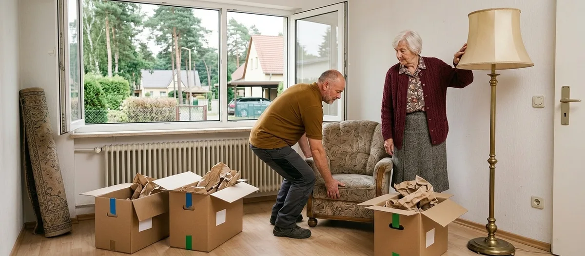 Eine Umzugskraft stellt gemeinsam mit einer älteren Frau einen Sessel und eine Stehlampe in einem hellen, ebenerdigen Zimmer zurecht, daneben halb ausgepackte Kartons