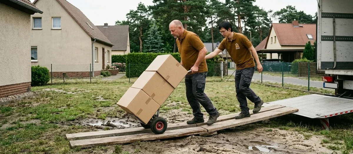 Umzugskräfte schieben eine Sackkarre mit gestapelten Kartons über ausgelegte Bohlen von einem freistehenden eingeschossigen Haus zur offenen Ladebordwand eines Möbelwagens