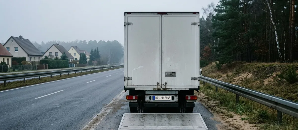 Ein Möbelwagen fährt auf einer Schnellstraße in der Morgendämmerung, im Vordergrund die Rückansicht des geschlossenen Aufbaus mit heruntergeklappter Ladebordwand am Straßenrand