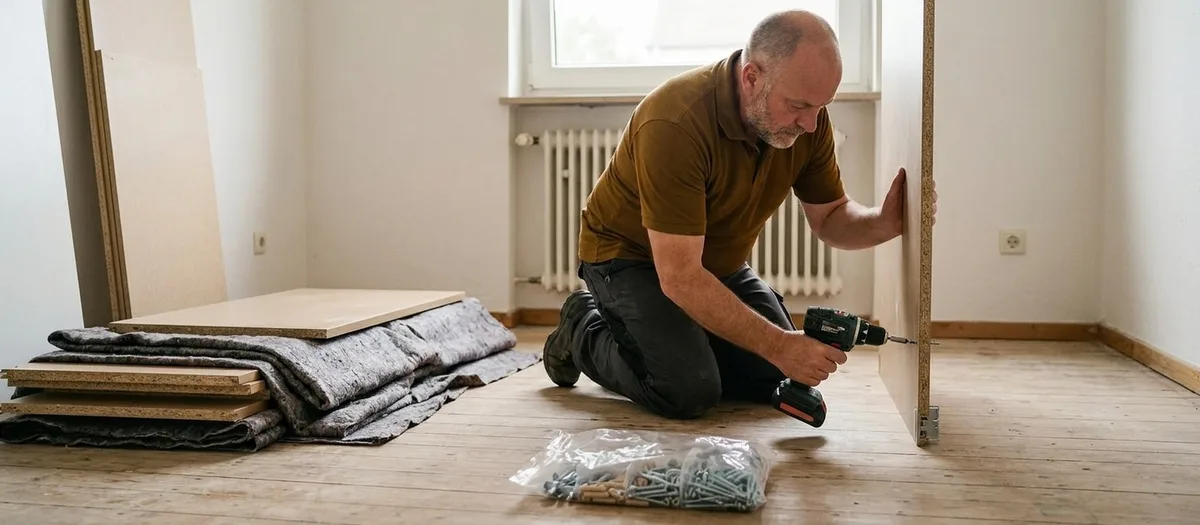 Eine Umzugskraft löst mit dem Akkuschrauber die Verbindung einer Schrankseite, daneben liegen flach gestapelte Möbelplatten mit Zwischenlagen und ein Beutel mit sortierten Beschlägen